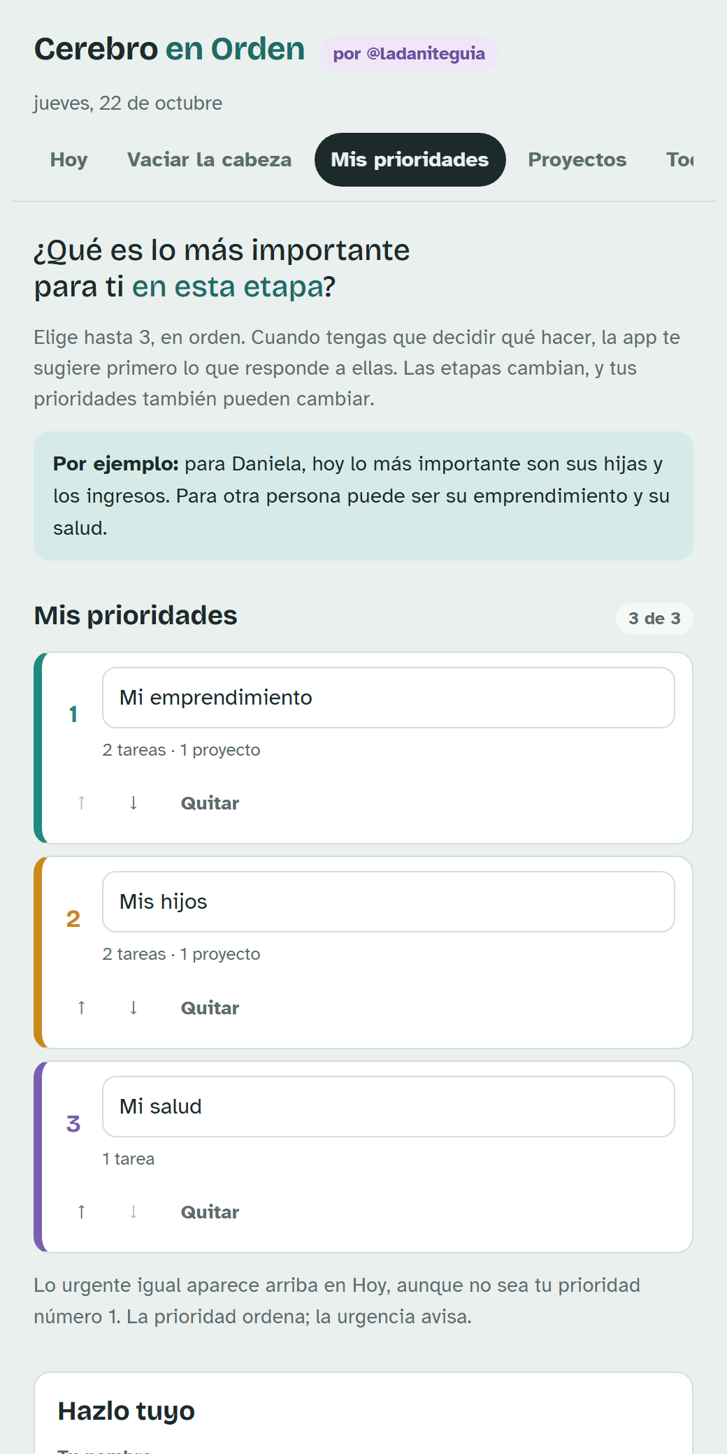 Pantalla Mis prioridades con tres prioridades en orden: mi emprendimiento, mis hijos y mi salud